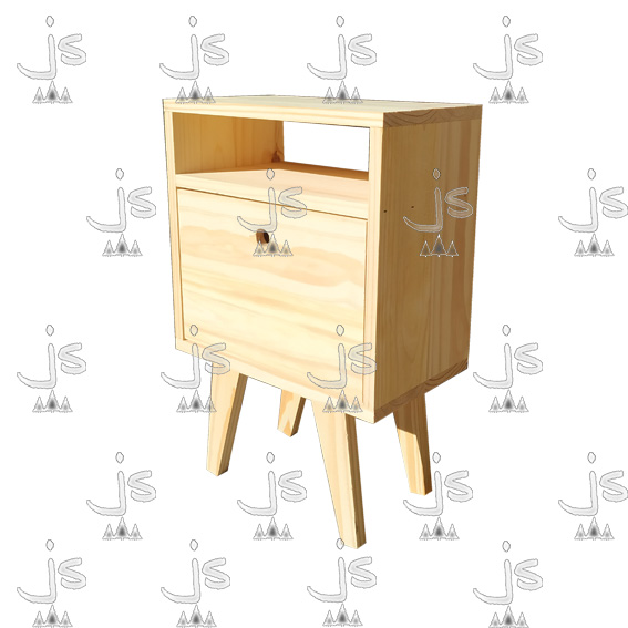 Mesa de luz retro eco chica de cuatro patas con un estante y un cajón hecho de madera de pino. Fabricado por JS. Fábrica de muebles.
