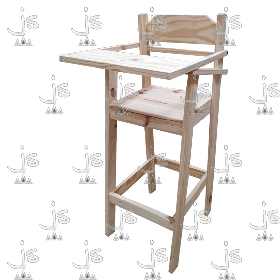 Silla alta infantil con apoya brazos y mesita plegable hecho de madera de pino. Fabricado por JS. Fábrica de muebles.