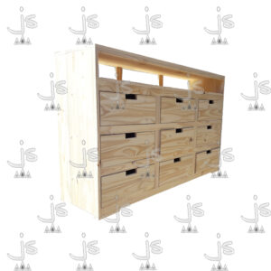 Rack industrial de 9 cajones con tres estantes hecho de madera de pino. Fabricado por JS. Fábrica de muebles.