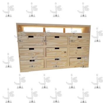 Cómoda ferretera de 9 cajones con tres estantes hecho de madera de pino. Fabricado por JS. Fábrica de muebles.