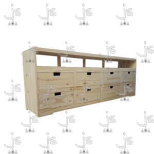 Rack industrial de ocho cajones con un estante hecho de madera de pino. Fabricado por JS. Fábrica de muebles.