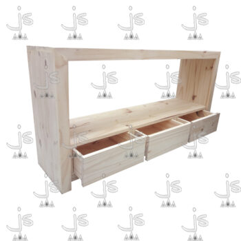 Mesa lcd de un estante con tres cajones hecho de madera de pino. Fabricado por JS. Fábrica de muebles.