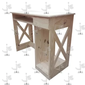 escritorio con laterales en forma de x de madera maciza de pino con bandeja para teclado de pc realizado por js fabrica de muebles