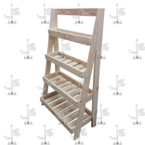 Exhibidor 0,80 de cuatro patas con cuatro estantes de diferentes medidas hecho de madera de pino. Fabricado por JS. Fábrica de muebles.
