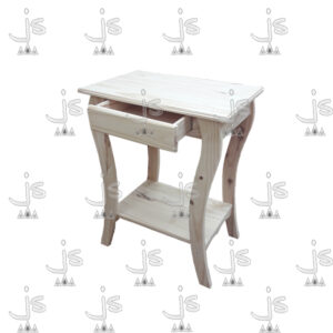 Mesa Arrime 0,60 x0,40 de patas curvadas con un estante bajo y un cajón hecho de madera de pino. Fabricado por JS. Fábrica de muebles.