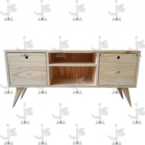 Mesa LCD retro con dos puertas sin manija y dos estantes de cuatro patas hecho de madera de pino. Fabricado por JS. Fábrica de muebles.