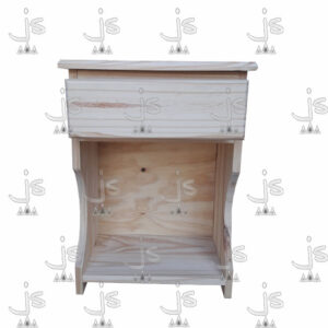 Mesa luz eco curva con un estante y un cajón hecho de madera de pino. Fabricado por JS. Fábrica de muebles.