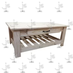 mesa ratona de pino estilo campo con cajon y revistero de tablas maciza, patas en L realizada por js fabrica de muebles