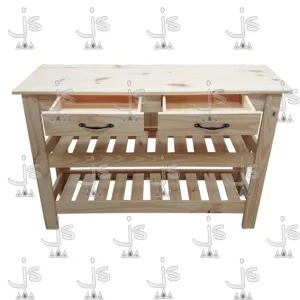mesa quesera de 120 cm de ancho con 2 cajones y 2 estantes fabricado por js muebles fabrica de muebles y carpinteria mayorista y minorista en san fernando