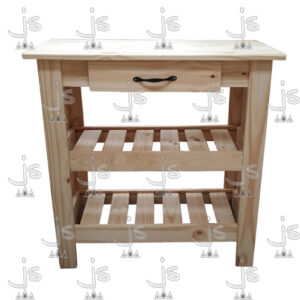 Mesa Quesera Campo de 0,80 con dos estantes y un cajón con tirador metálico hecho de madera de pino. Fabricado por JS. Fábrica de muebles.