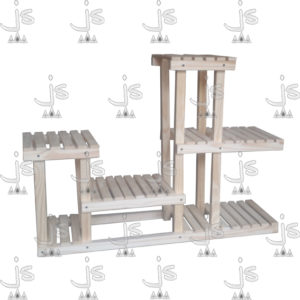 Rack macetero chico sin tornillos de seis estantes hecho de madera de pino. Fabricado por JS. Fábrica de muebles.