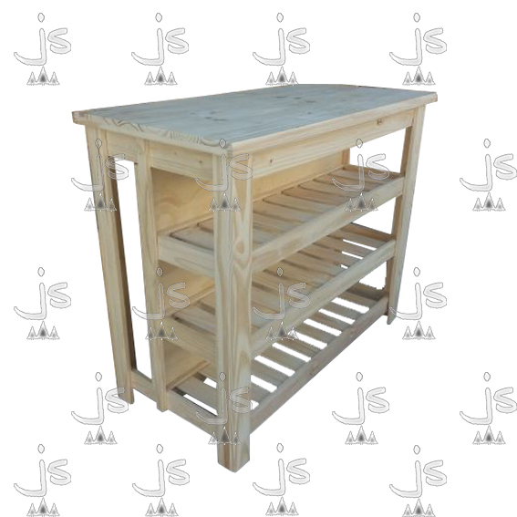 Isla desayunador de cuatro patas con tres estantes hecho de madera de pino. Fabricado por JS. Fábrica de muebles.