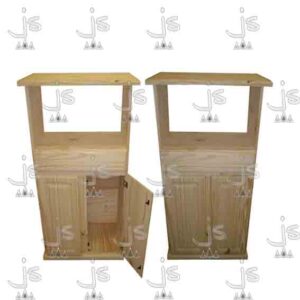 Mesa Microondas con dos estantes un cajón y dos puertas hecho de madera de pino. Fabricado por JS. Fábrica de muebles.