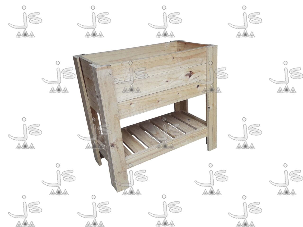 Huertero alto con un estante y cuatro patas hecho de madera de pino. Fabricado por JS. Fábrica de muebles.