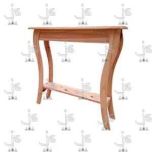 Mesa arrime pasillo de patas curvas con un estante bajo hecho de madera de pino. Fabricado por JS. Fábrica de muebles.