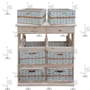 ordenador de 6 canastos de mimbre falsa y dos cajones fabricado en madera de pino macizo por JS Fabrica de muebles fabrica y carpinteria en san fernando