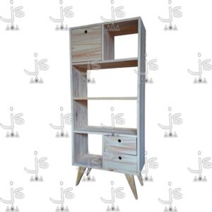 Biblioteca patas retro de 1.40 con dos cajones una puerta y cuatro estantes hecha de madera de pino. Fabricado por JS. Fábrica de muebles.