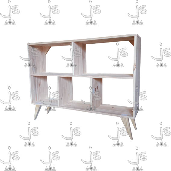 Mesa LCD eco alta con patas retro y cinco estantes hecho de madera de pino. Fabricado por JS. Fábrica de muebles.