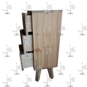 Mesa Luz patas retro con tres cajones hecho de madera de pino. Fabricado por JS. Fábrica de muebles.