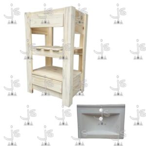 Vanitory con bacha cuadrada con dos cajones y dos estantes hecho de madera de pino. Fabricado por JS. Fábrica de muebles.