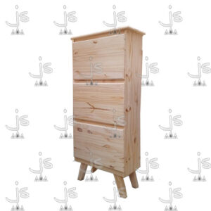 Botinero retro eco de tres cajones plegables y cuatro patas hecho de madera de pino. Fabricado por JS. Fábrica de muebles.