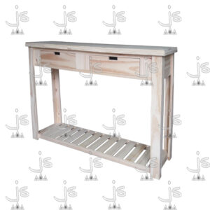 Desayunador ferretero con dos cajones y un estante bajo hecho de madera de pino. Fabricado por JS. Fábrica de muebles.