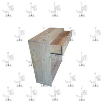 Recibidor ferretero con un estante y un cajón con correderas metálicas hecho de madera de pino. Fabricado por JS. Fábrica de muebles.