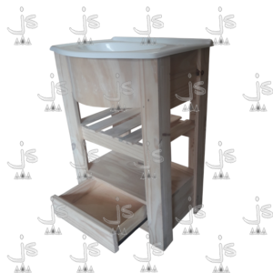 Vanitory bacha redonda de marmolina con dos estantes y un cajón con corredera metálica hecho de madera de pino. Fabricado por JS. Fábrica de muebles.