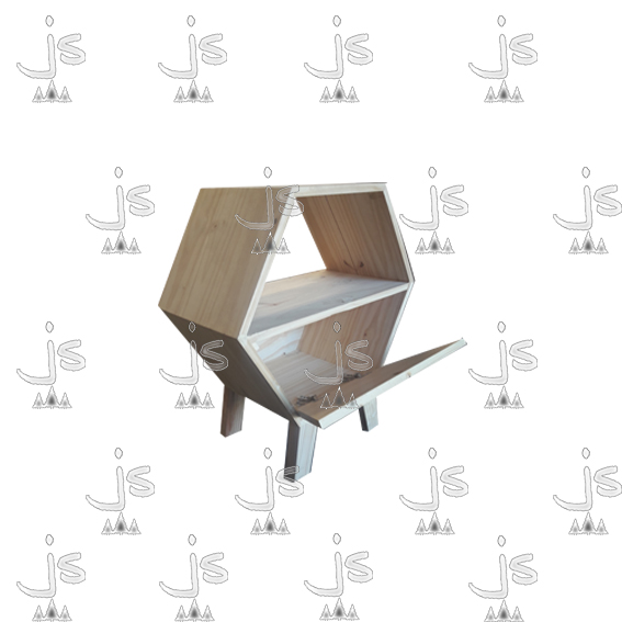 Mesa de luz exagonal baja de cuatro patas con un estante y un cajón hecho de madera de pino. Fabricado por JS. Fábrica de muebles.