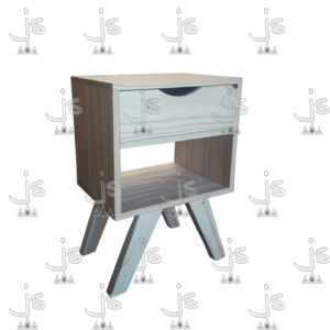 Mesa de luz escandinava con un cajon un estante y cuatro patas hecho de madera de pino