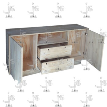 Mesa LCD asia con dos puertas dos cajones y un estante hecha de madera de pino. Fabricado por JS. Fábrica de muebles.