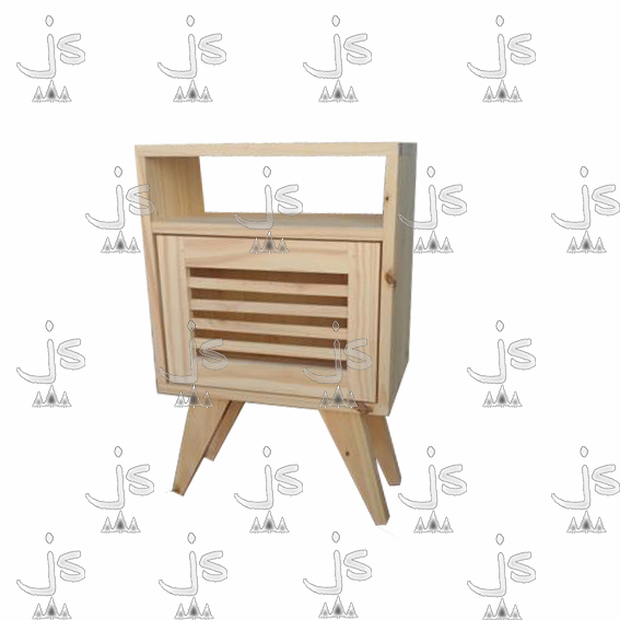 Mesa de luz puerta celosia de cuatro patas con un estante y una puerta hecho de madera de pino. Fabricado por JS. Fábrica de muebles.
