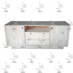 Mesa LCD asia con dos puertas dos cajones con correderas metálicas y un estante hecho de madera de pino. Fabricado por JS. Fábrica de muebles.