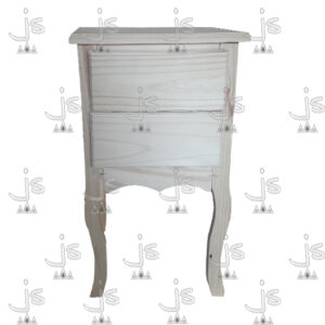 Mesa de Luz de cuatro patas prrovenzal con dos cajones hecho de madera de pino. Fabricado por JS. Fábrica de muebles.