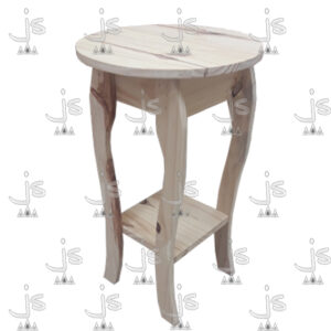 Mesa de vestir candy redonda baja con patas curvadas con estante bajo hecho de madera de pino. Fabricado por JS. Fábrica de muebles.