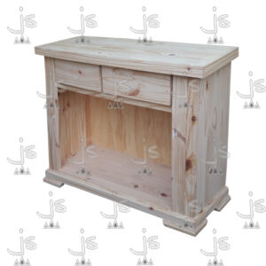Mesa Arrime Roma de cuatro patas con un estante y dos cajones hecho de madera de pino. Fabricado por JS. Fábrica de muebles.