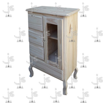Aparador Bajo Vintage con cuatro cajones y una puerta vidriera con dos estantes hecho de madera de pino. Fabricado por JS. Fábrica de muebles.
