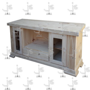 Mesa Lcd Roma de cuatro patas con dos puertas vidriera con cuatro estantes y un cajón hecho de madera de pino. Fabricado por JS. Fábrica de muebles.