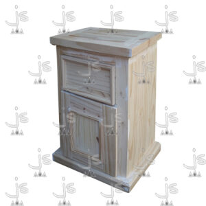 Mesa de luz restoration con puerta y cajón hecho de madera de pino. Fabricado por JS. Fábrica de muebles.