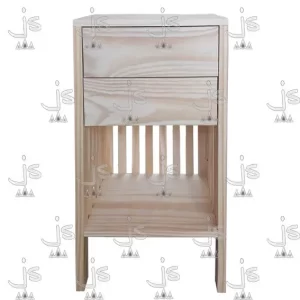 mesa de luz varillada con 2 cajones y estante fabricadas en madera de pino por js muebles fabrica de muebles y carpinteria mayorista y minorista en san fernando