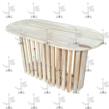 Mesa ratona ovalada varillada fabricada en madera de pino por js muebles fábrica de muebles y carpintería mayorista y minorista en San Fernando.
